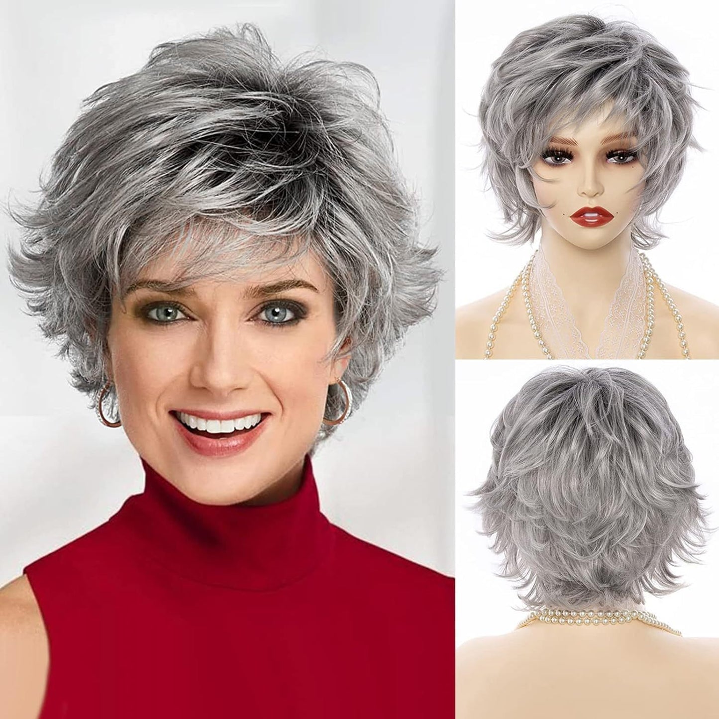 White Mixed Color Fashion Head Cover Fluffy Wig Short Curly Hair