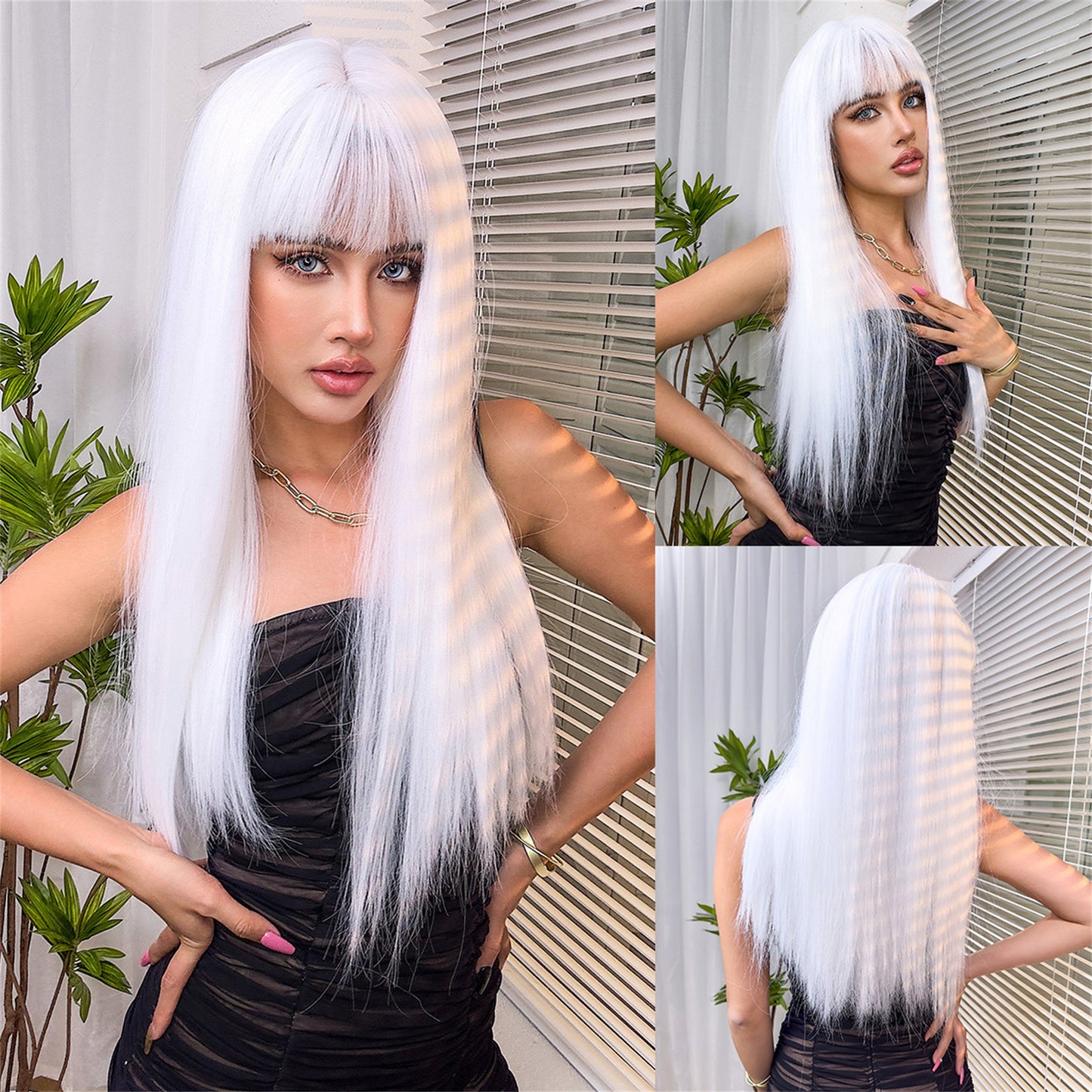 Bangs Gradient Gray Hair Chemical Fiber Head Long Straight Wig
