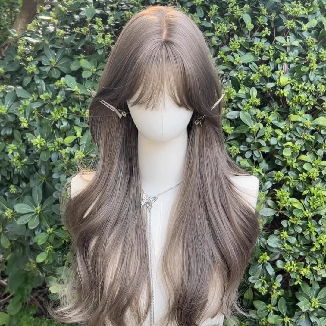 Women's Beige Brown Curly Hair Lazy Bangs Big Wave Simulation Atmosphere Wig Long Curls