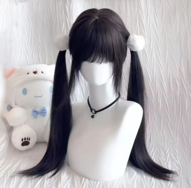 High Tie Double Horse Tail Hair Little Rose Ponytail Long Straight Wig