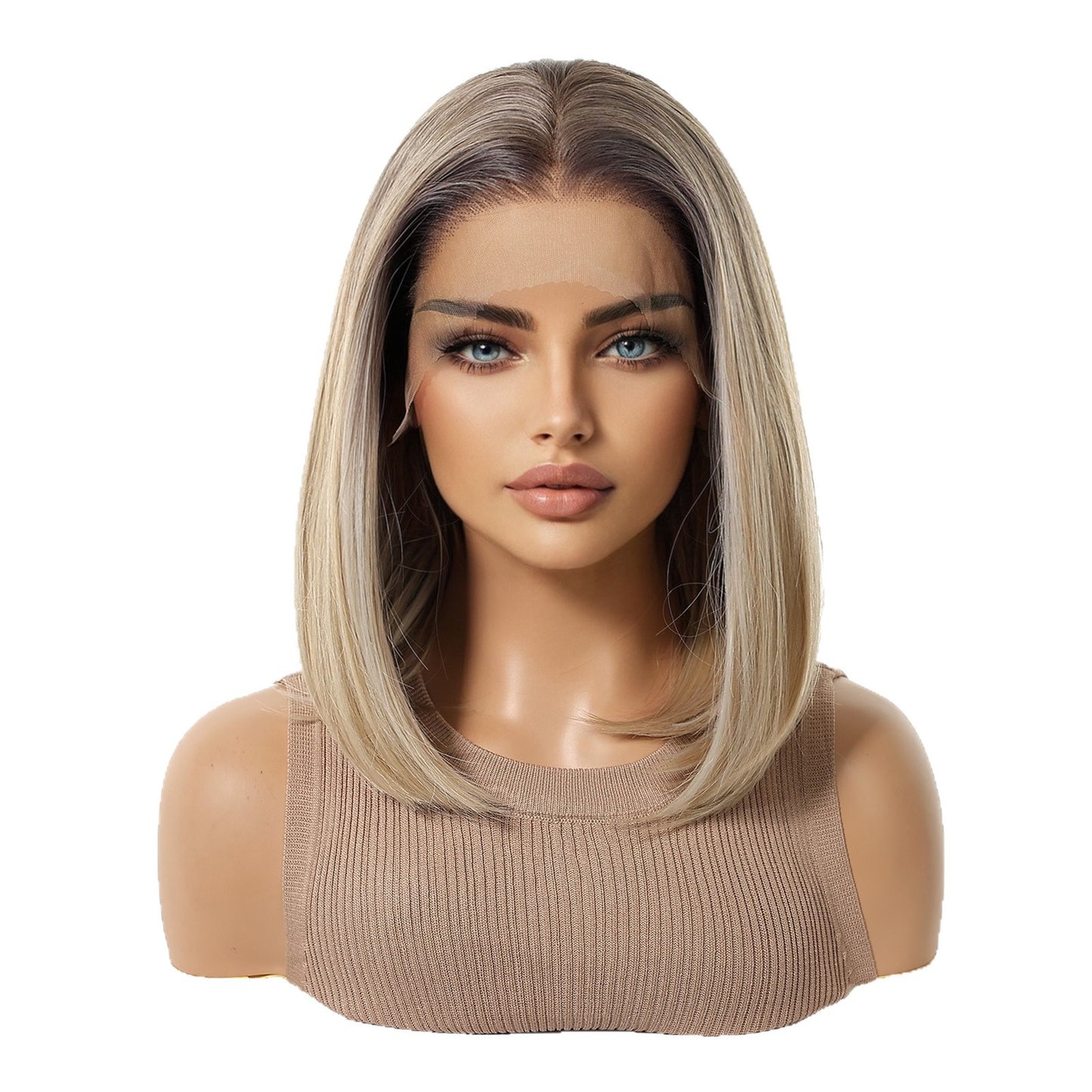 Women's Crocheted Lace On Forehead Fiber Gradient Golden Wig Short Straight Hair