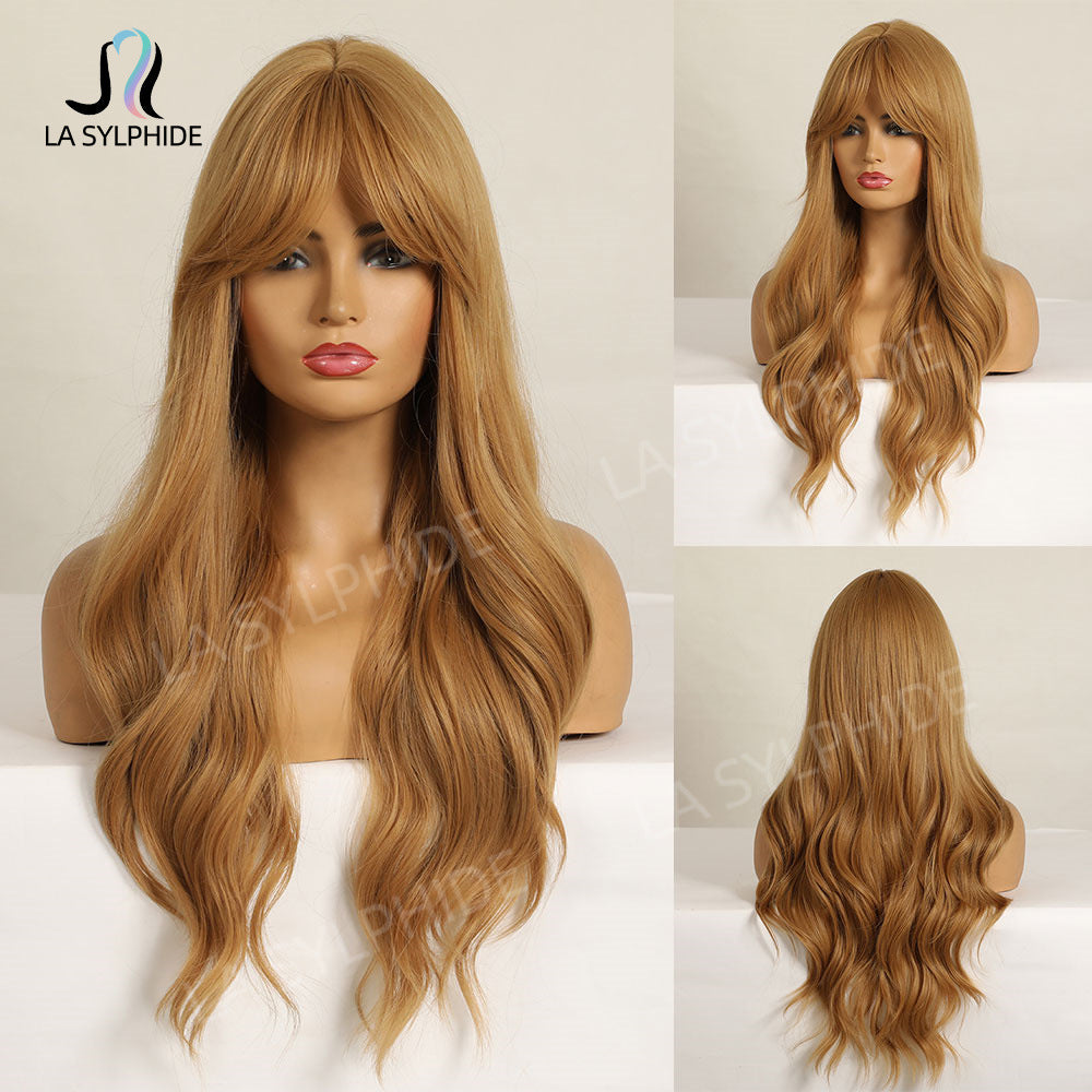 Women's Golden Curly Hair Bangs For Without Hand-woven Wig Long Curls