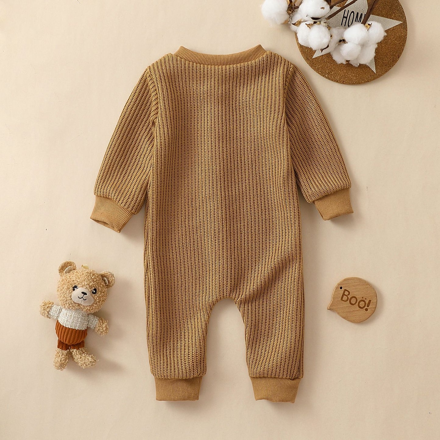Front Open Single-breasted Knitted Long Sleeve Round Neck Jumpsuit, Climbing Suit