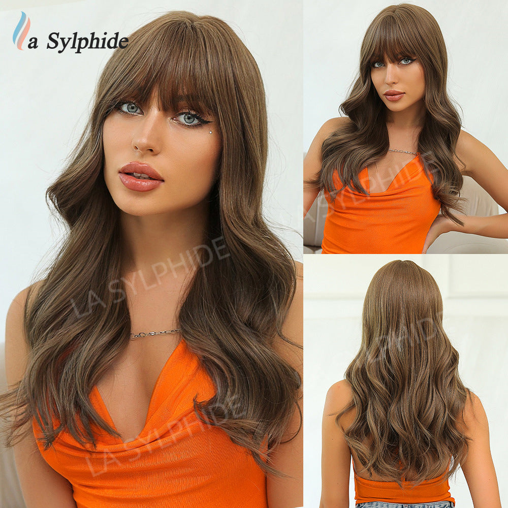 Straight Bangs Curly Hair Gradient White Gold Color Mechanism Wig Long Curls