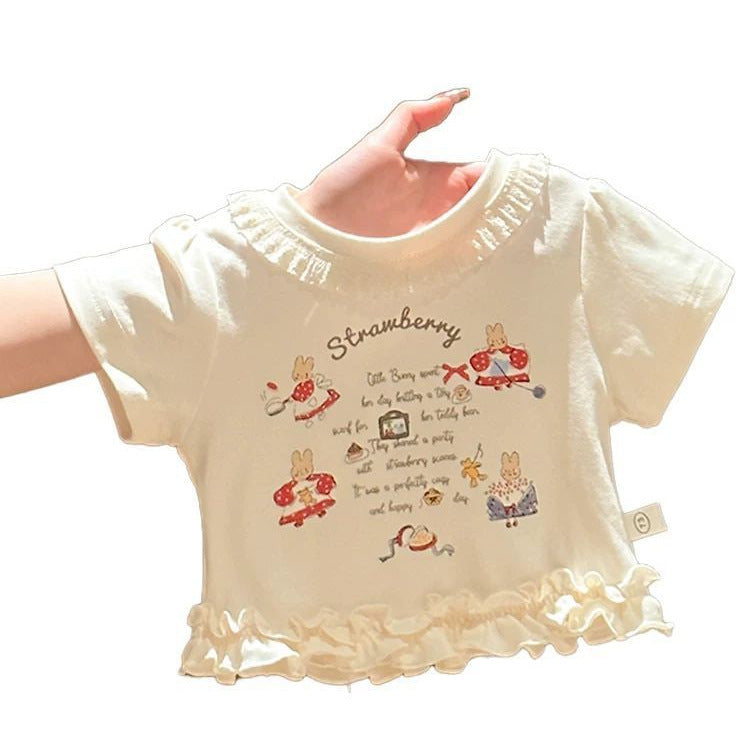 Women's Sweet Cute Cartoon Printed White Short-sleeved Ruffled Wooden Ear Children's T-shirt