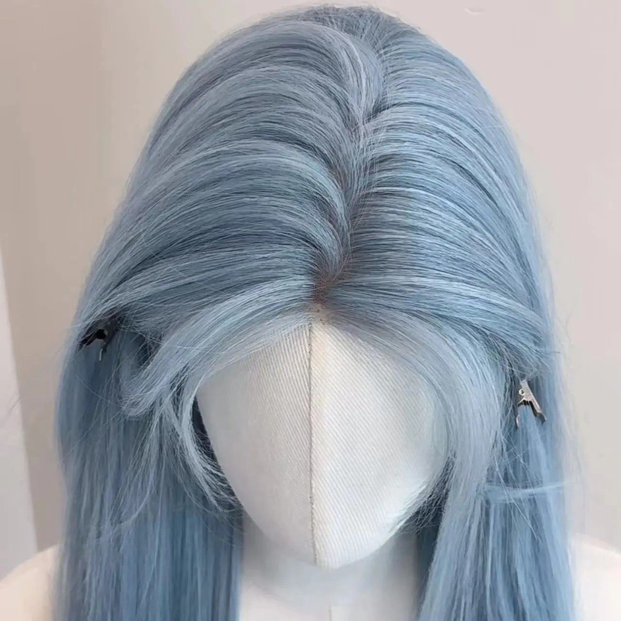 Glacier Forehead Lace Low Saturation Blue Female Long Straight Wig