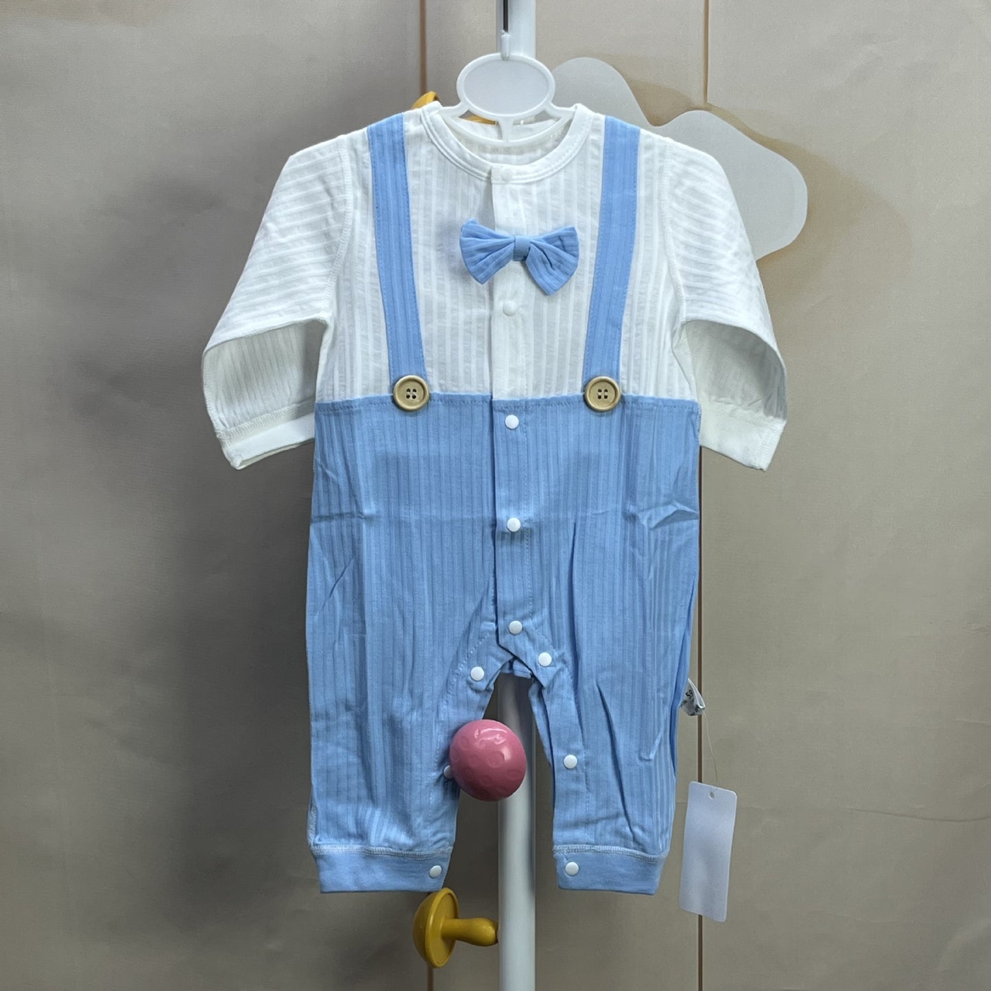 Blue Cotton Born Bow Snap Button Romper Jumpsuit, Climbing Suit