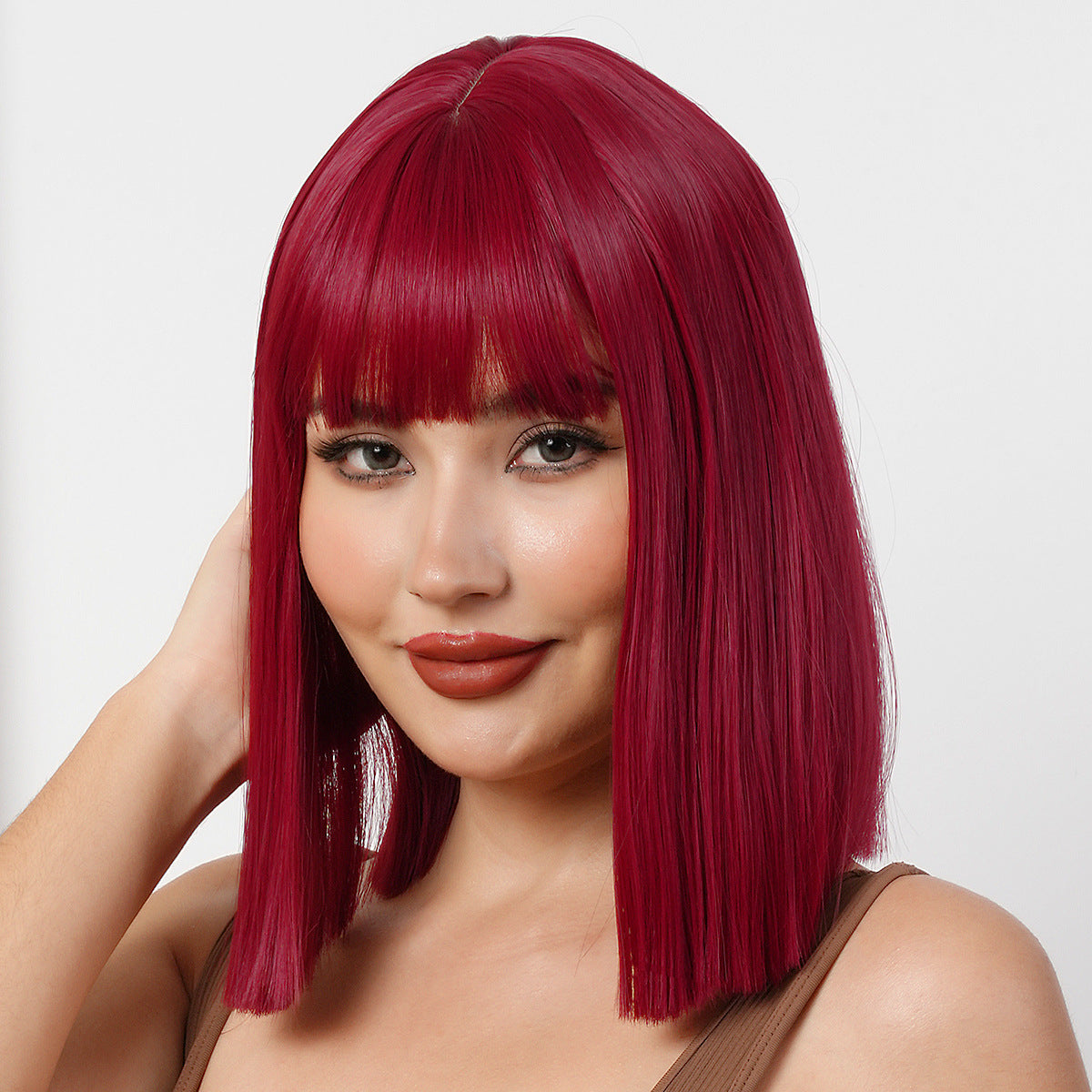 Sweet Style Wine Red Bangs Fashion Wig Short Straight Hair