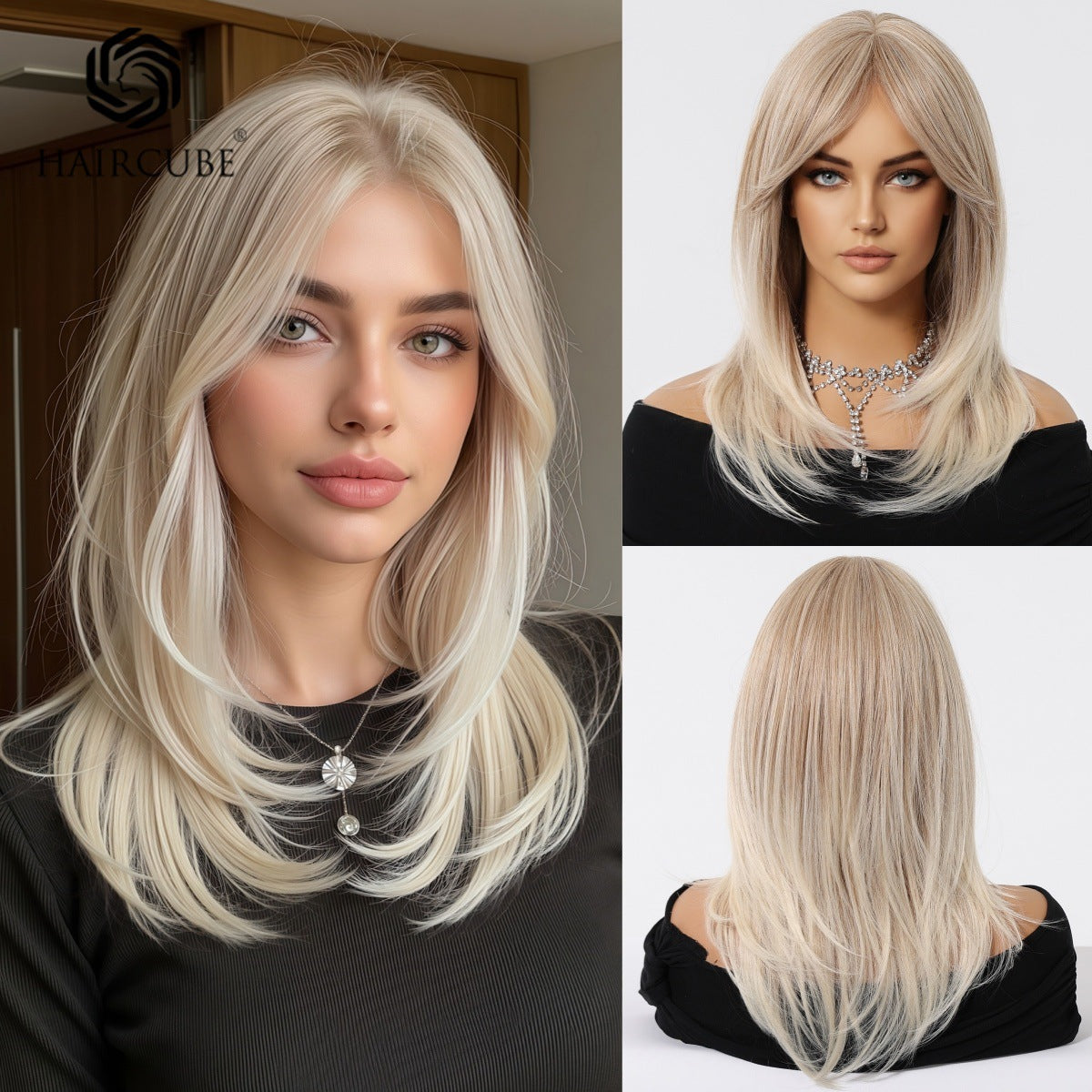 Women's Headgear Mid-length Light Gold Bangs Party Wig Short Straight Hair