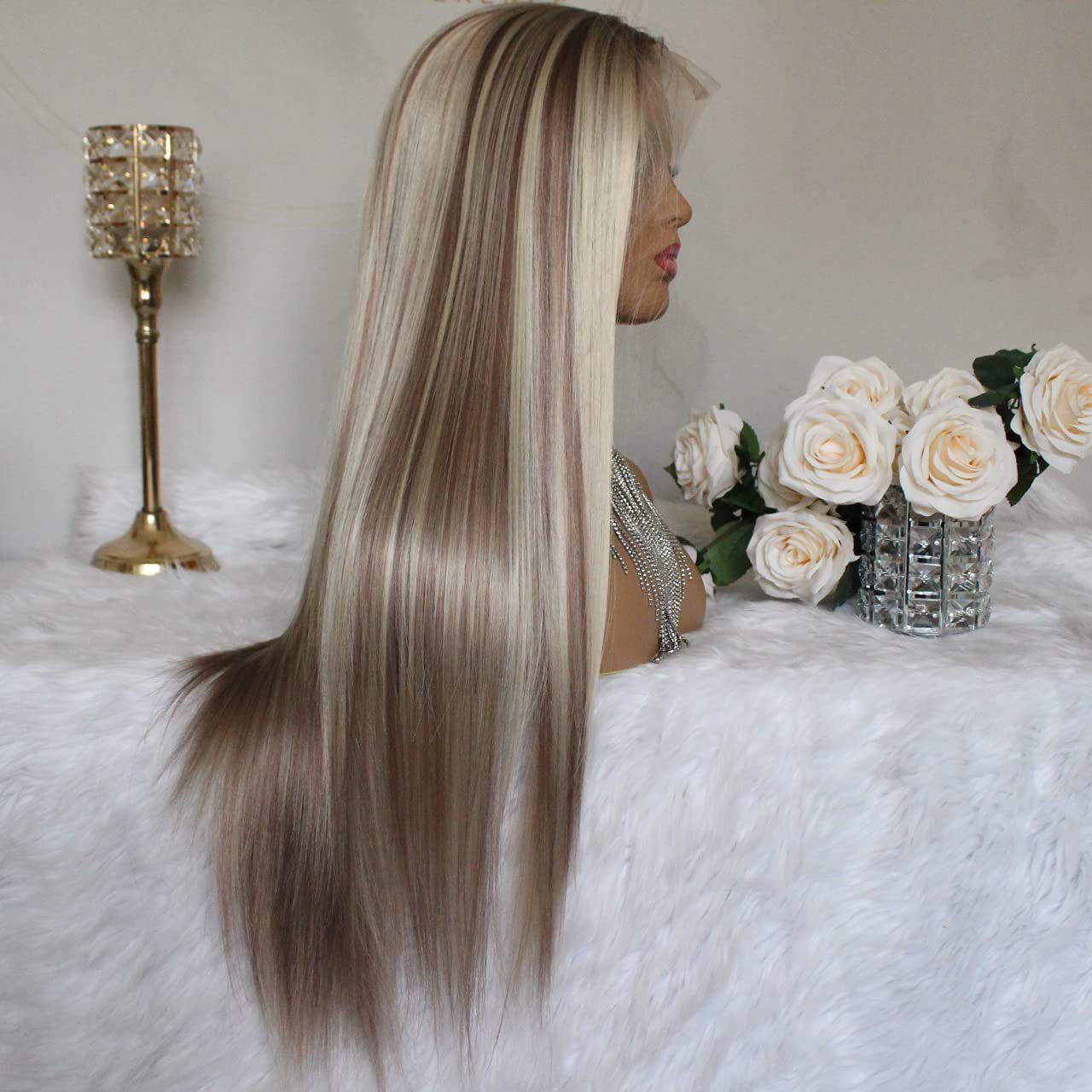 Fiber Hair Female Gradient Color Rose Net Long Straight Wig