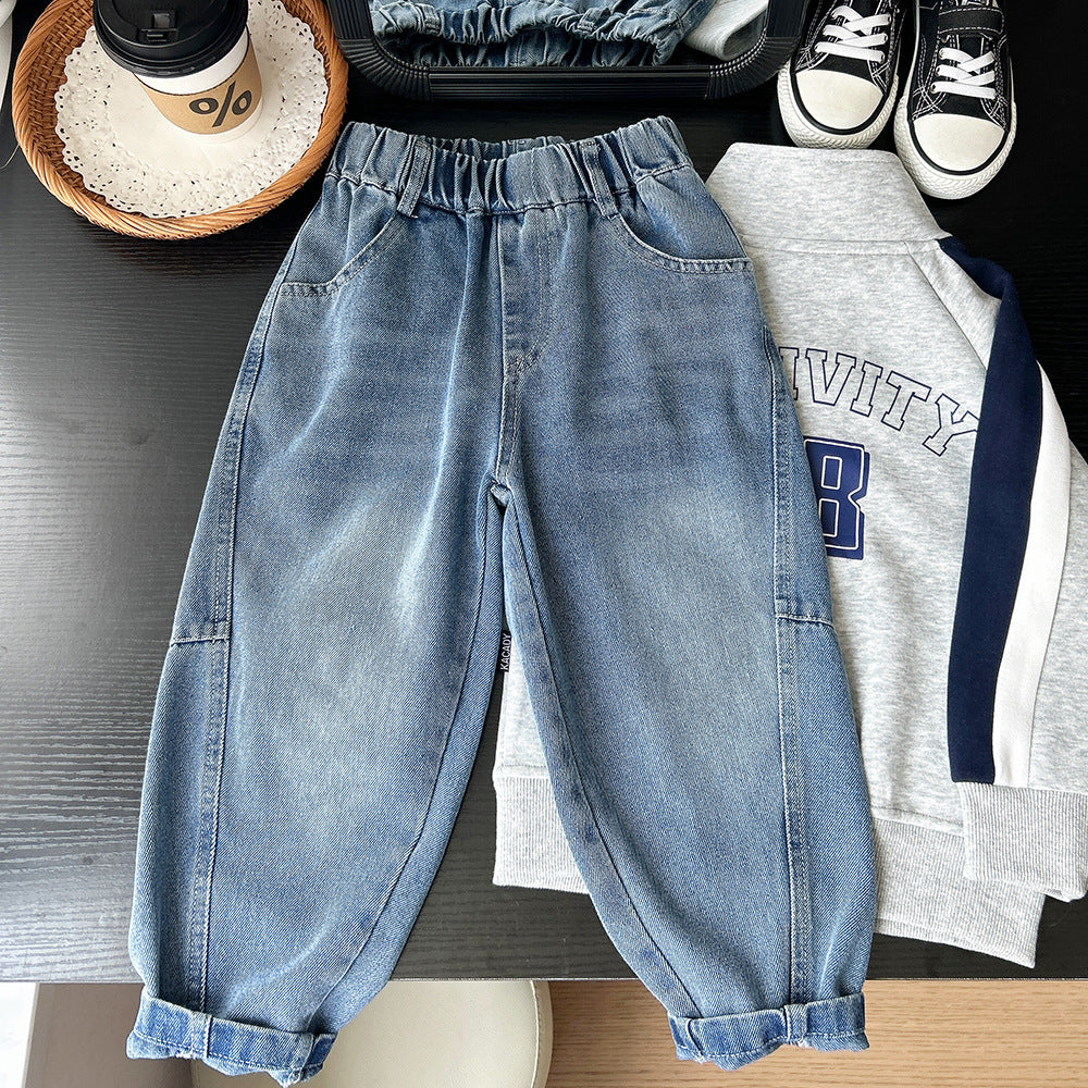 Children's Clothing Boys Trendy Stitching Wool Tassel Denim Children's Pants