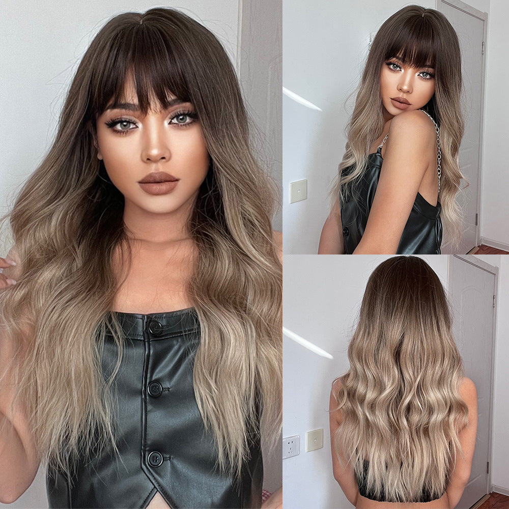 Straight Bangs Curly Hair Gradient White Gold Color Mechanism Wig Long Curls