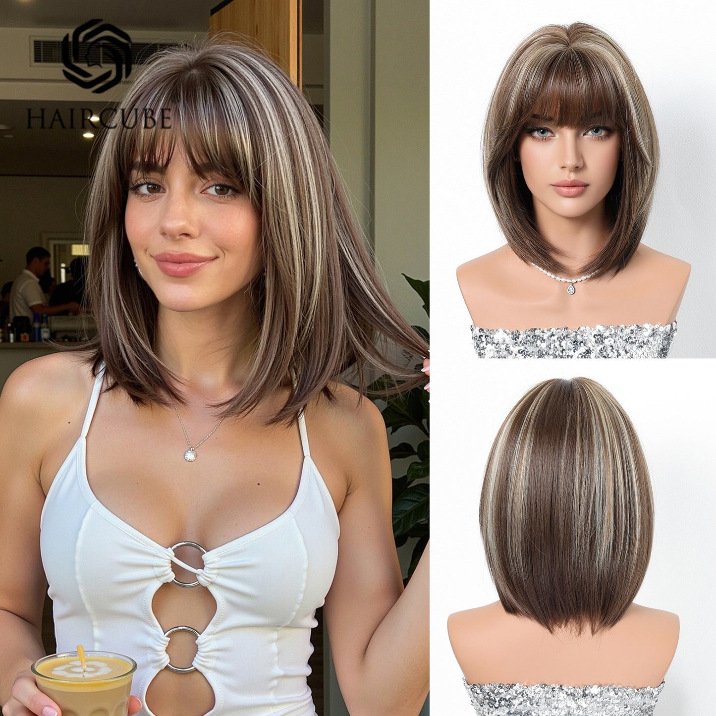 Bangs Elegant Female Wave Shoulder Dark Brown Natural Summer Breathable Wig Short Straight Hair