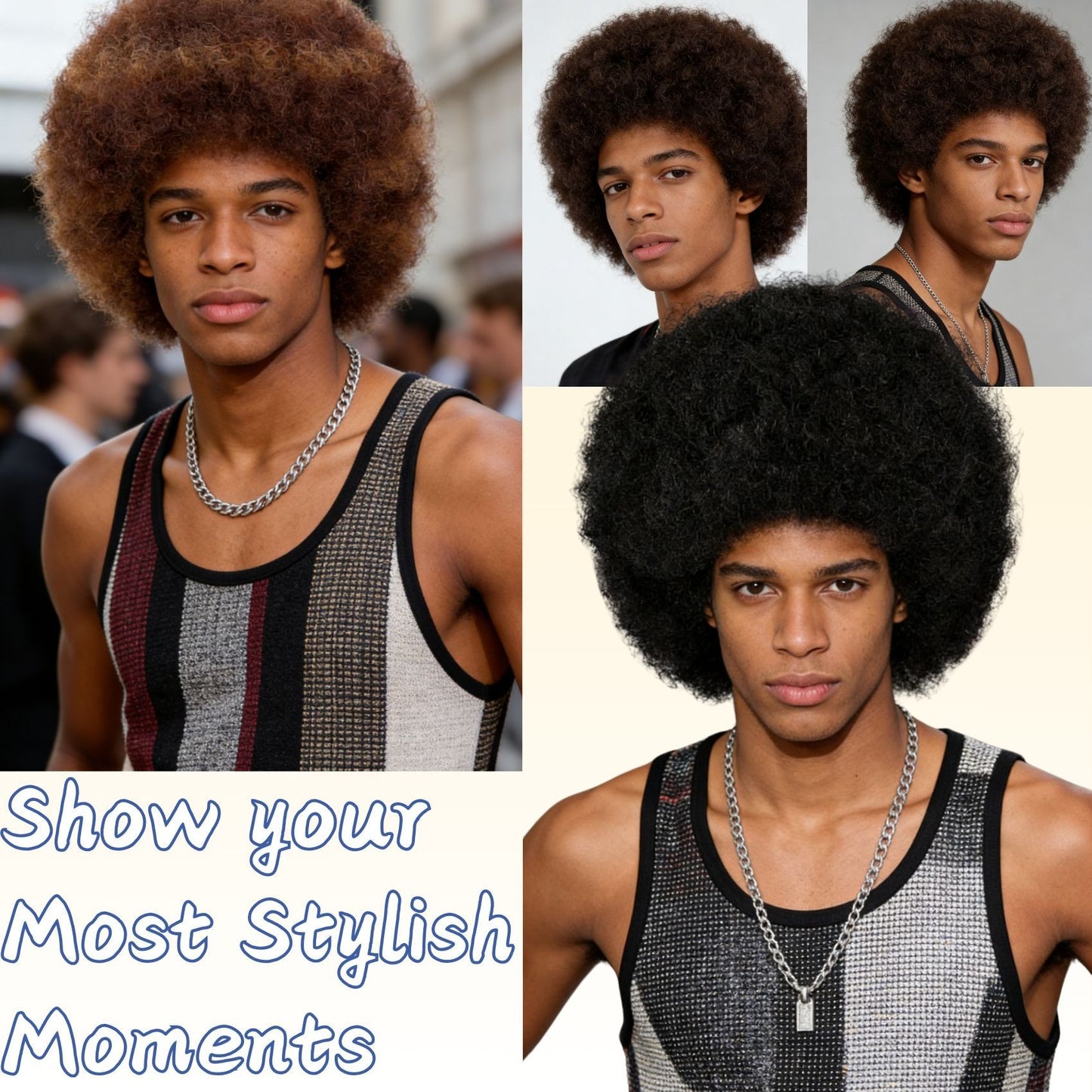 Men's Black Small Roll Explosion Head Cover Wig Long Curls