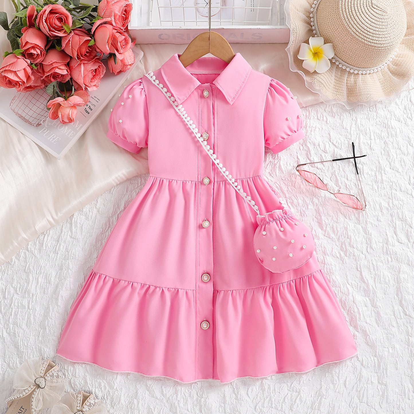 Children's Summer Trendy Preppy Style Little Cotton Puff Sleeve Princess Children's Dress