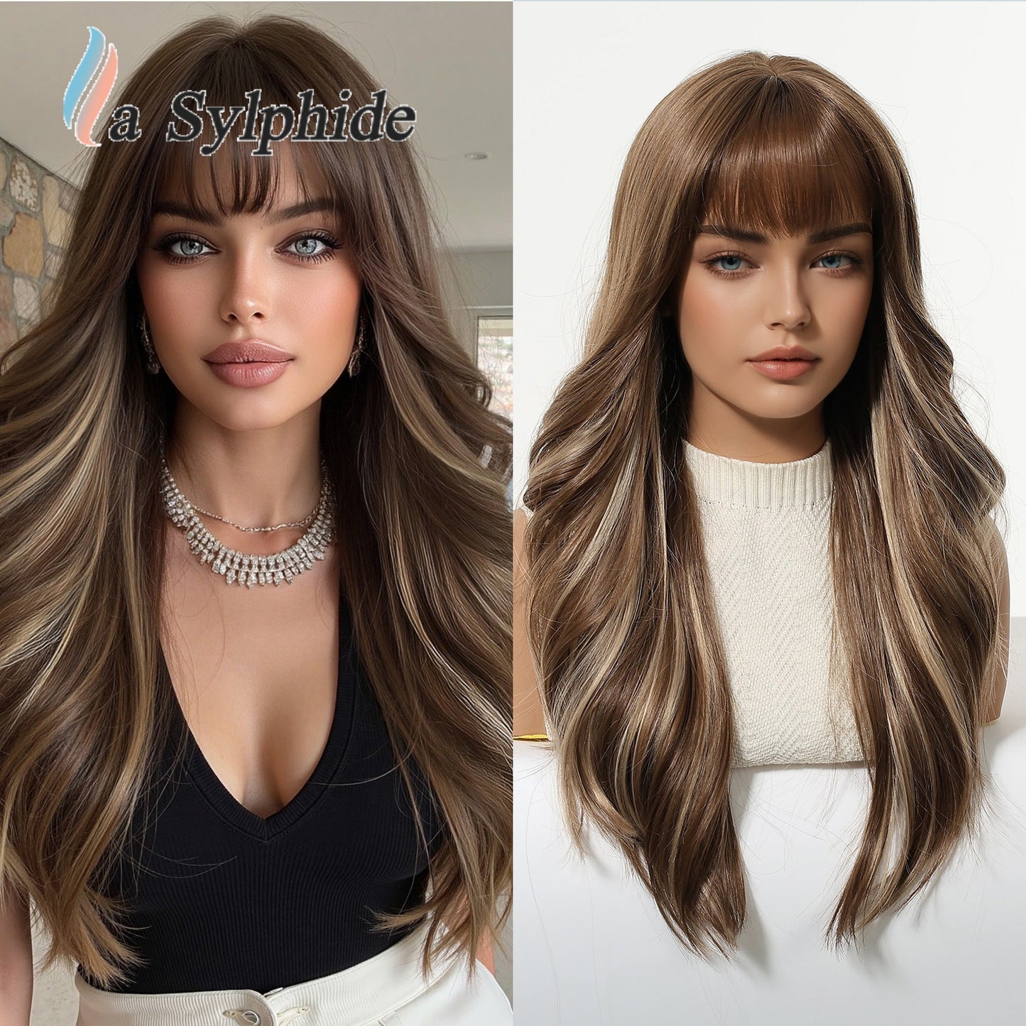 Straight Bangs Orange Rose Net Flip Natural Soft Fashion Large Wig Long Curls