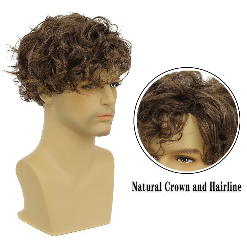 Men's Brown Side Bangs Short Curly Hair Men's Wig