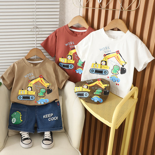 Children's Summer Short Sleeve Excavator Dinosaur T-shirt Clothing Handsome Korean Style Children's Suit