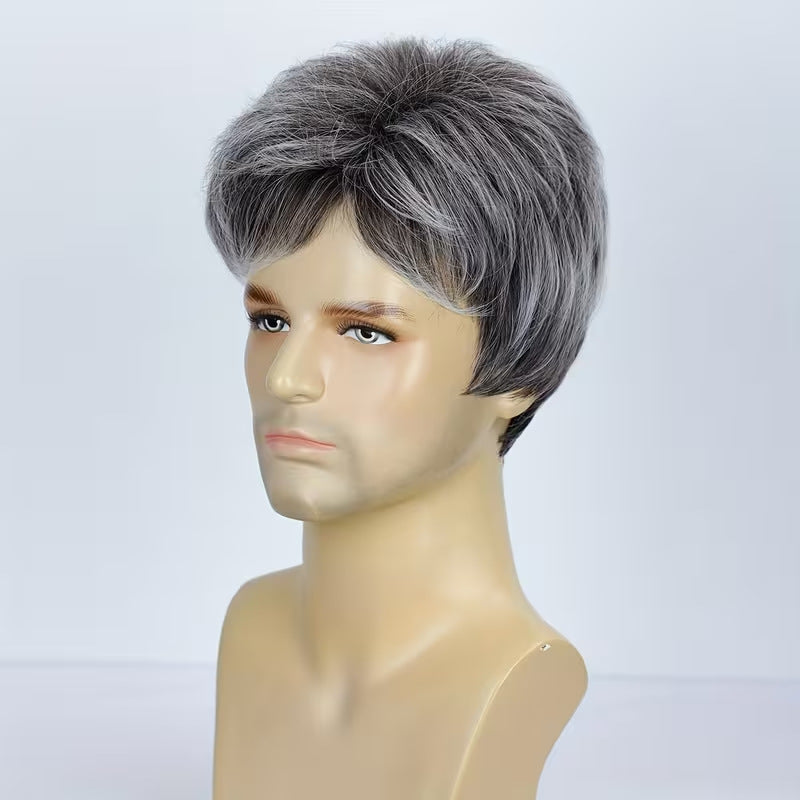Men's Gray White Partial Fluffy Short Hair Set Fiber Men's Wig