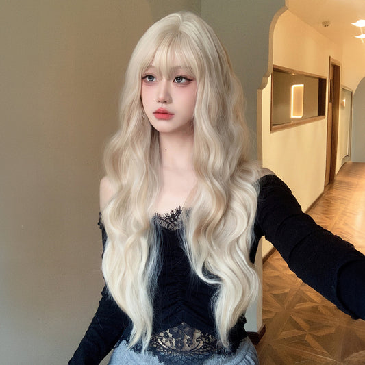 Women's Korean Long Bangs Big Wave Simulation Natural White Gold Color Wig Short Curly Hair