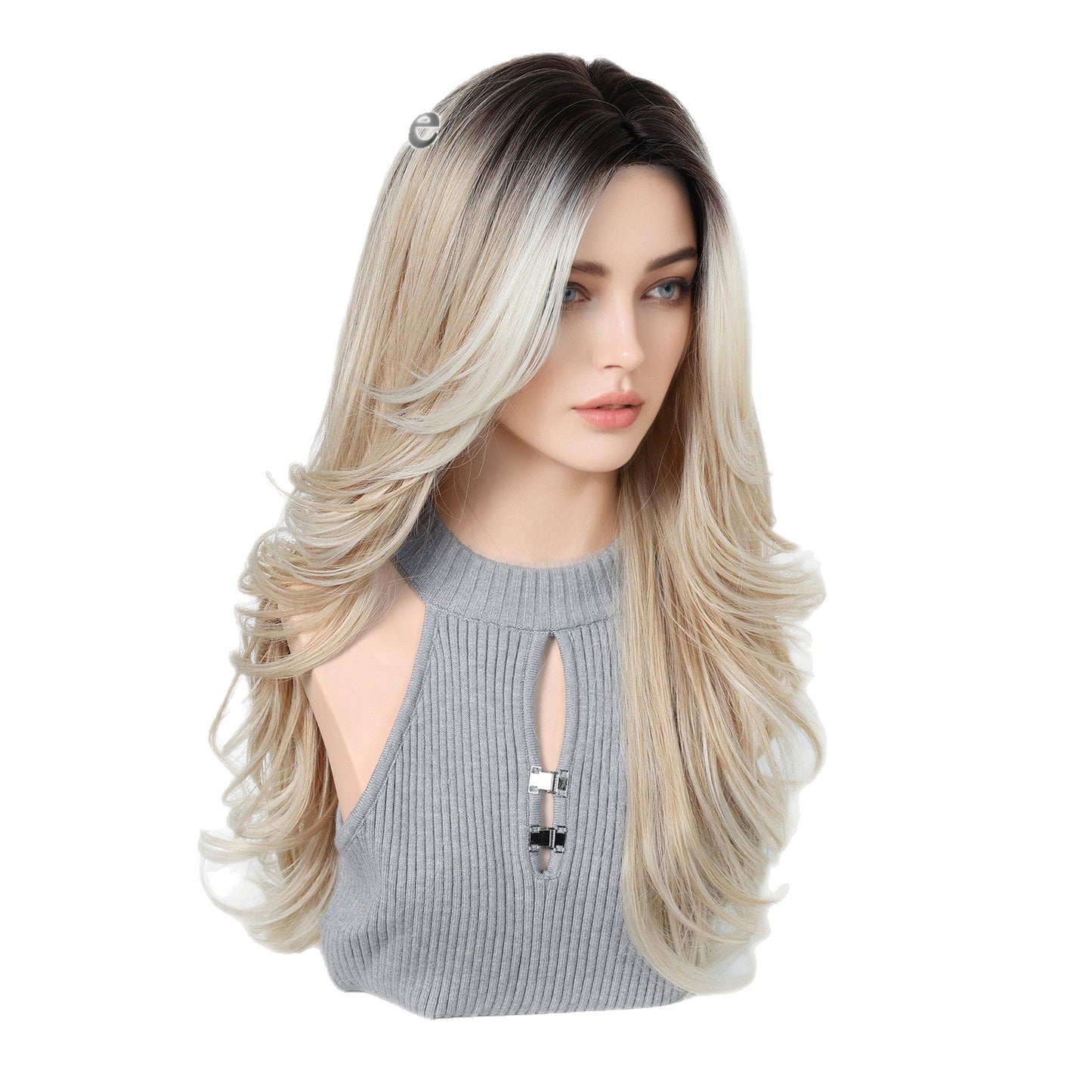 Gradient Bleached Gold Curly Hair Mid-length Bangs Wig Long Curls