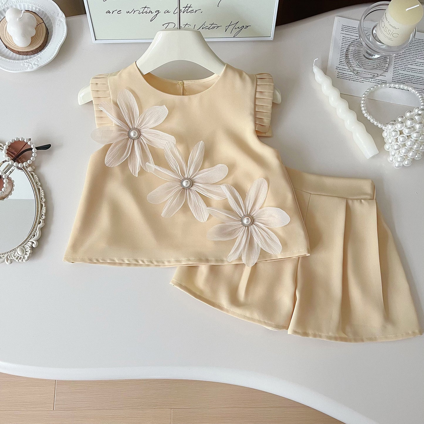 Floral Short Sleeve Blouse Pants Vest Children's Suit