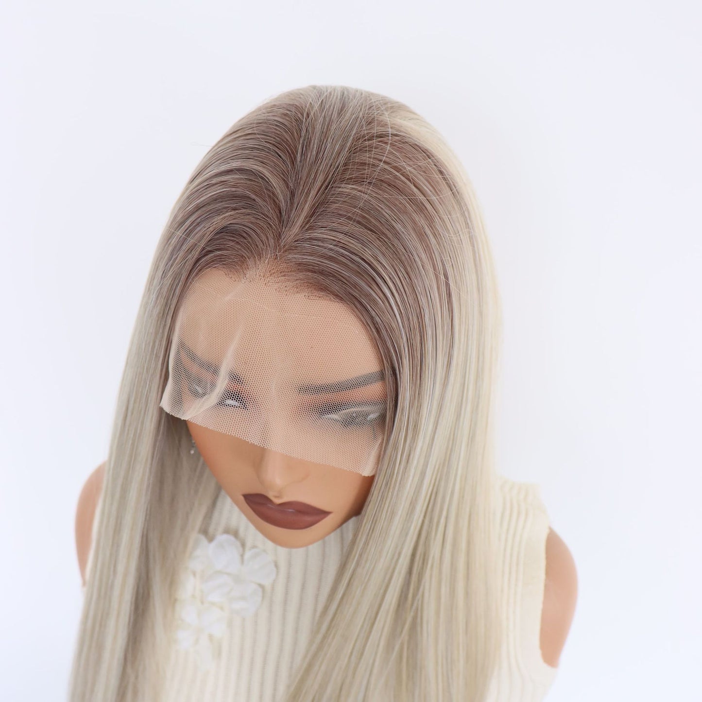 Lace Hand Crochet Gray Gold Gradient Color Hair Natural Fluffy Long Straight Wig