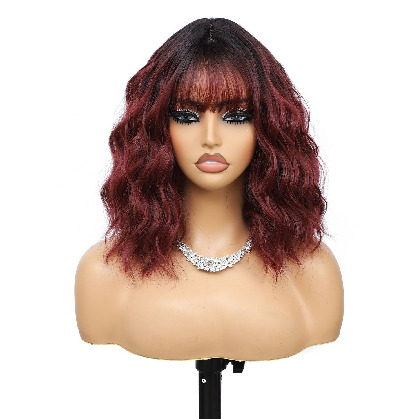 Women's Inch Wine Red Wave Head With Bangs Wig Short Curly Hair