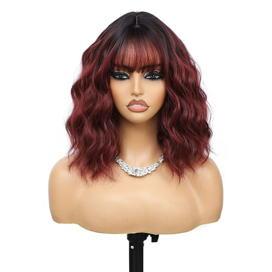 Women's Inch Wine Red Wave Head With Bangs Wig Short Curly Hair