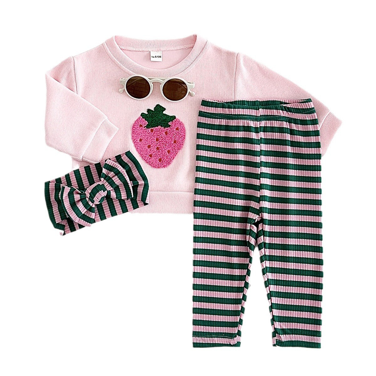Pink Strawberry Embroidered Long-sleeved Leggings Headband Children's Suit