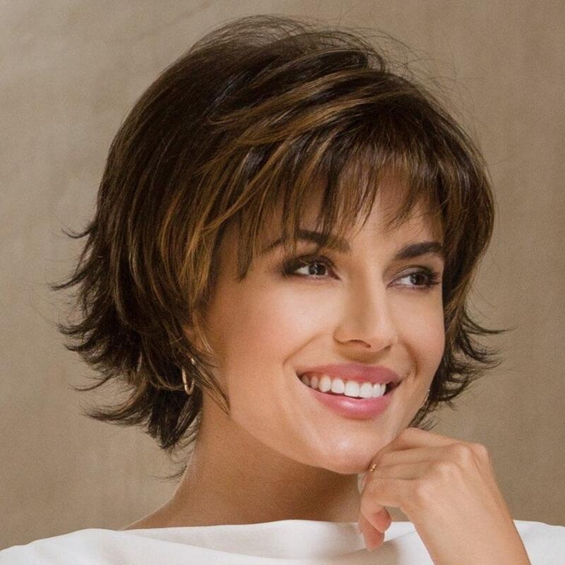 Fluffy Bangs Dark Brown Lady One Wig Short Straight Hair