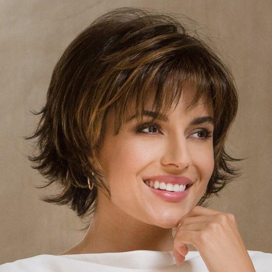 Fluffy Bangs Dark Brown Lady One Wig Short Straight Hair