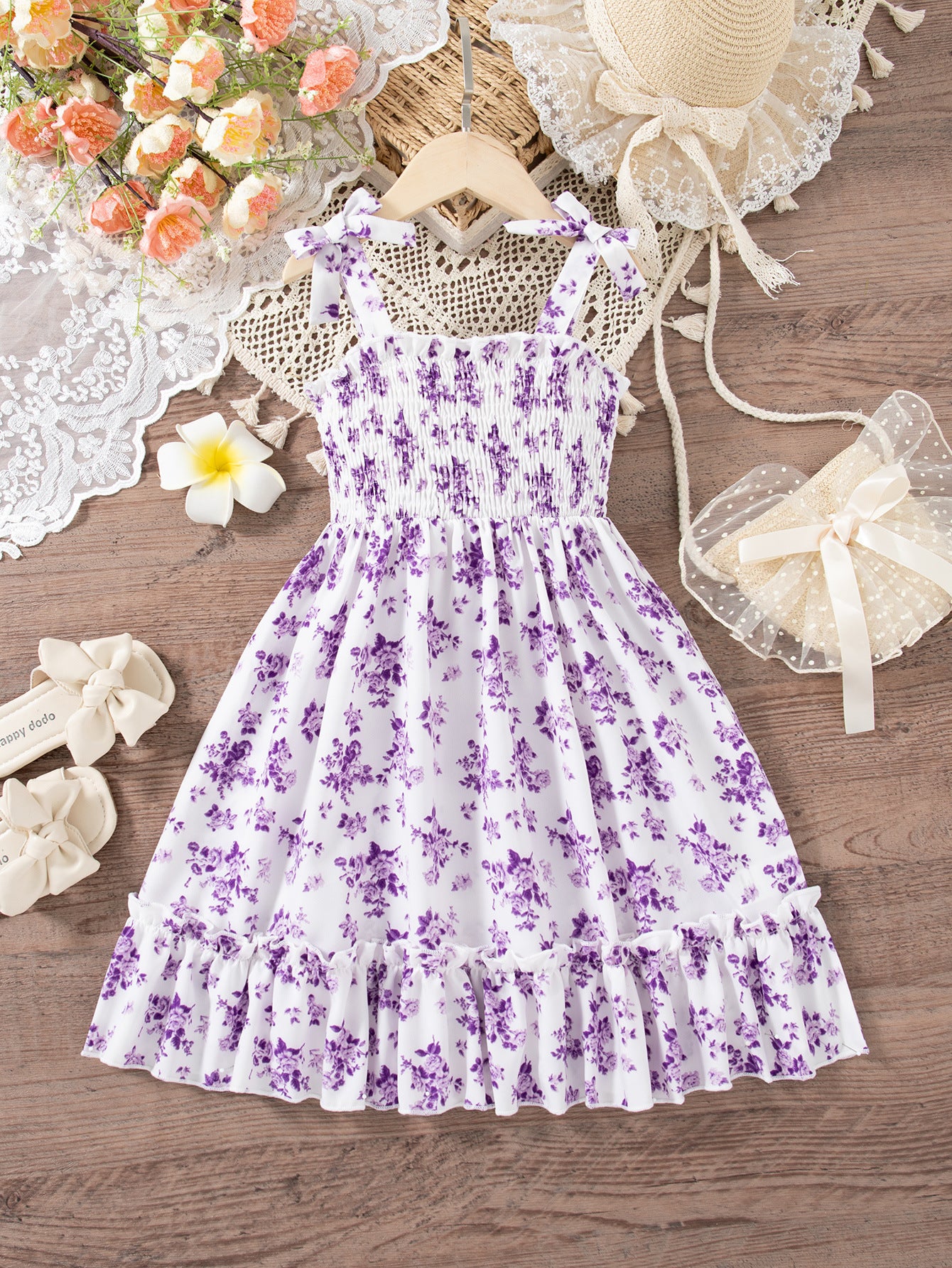 Casual Flower Print Smocking Bow Ruffled Children's Dress