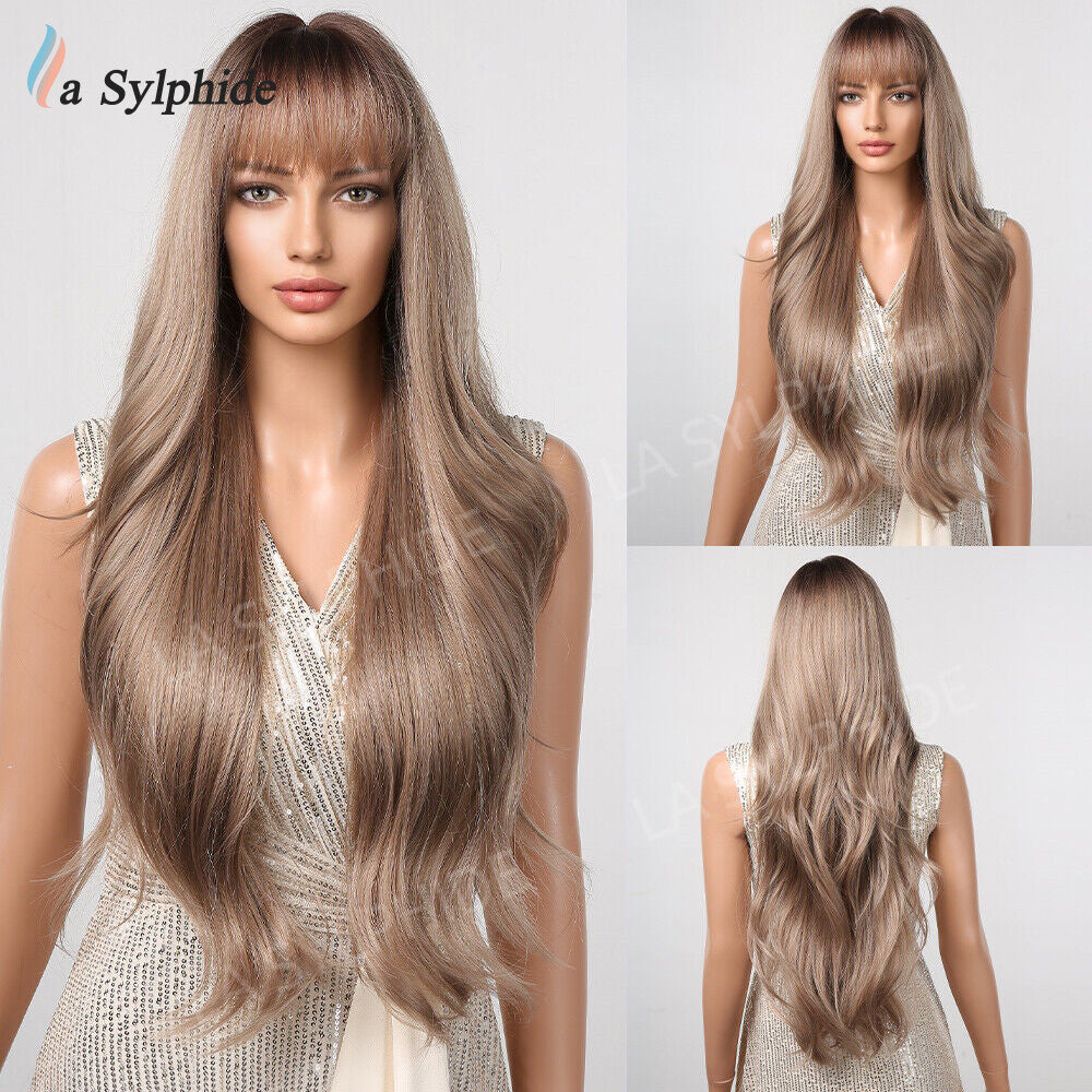 Curly Female Bangs Brown Golden Purple Wig Long Curls