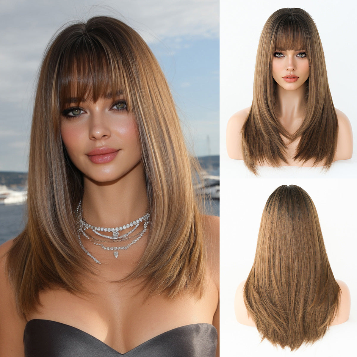 Quality Female Natural Black Layered Bangs Long Straight Wig