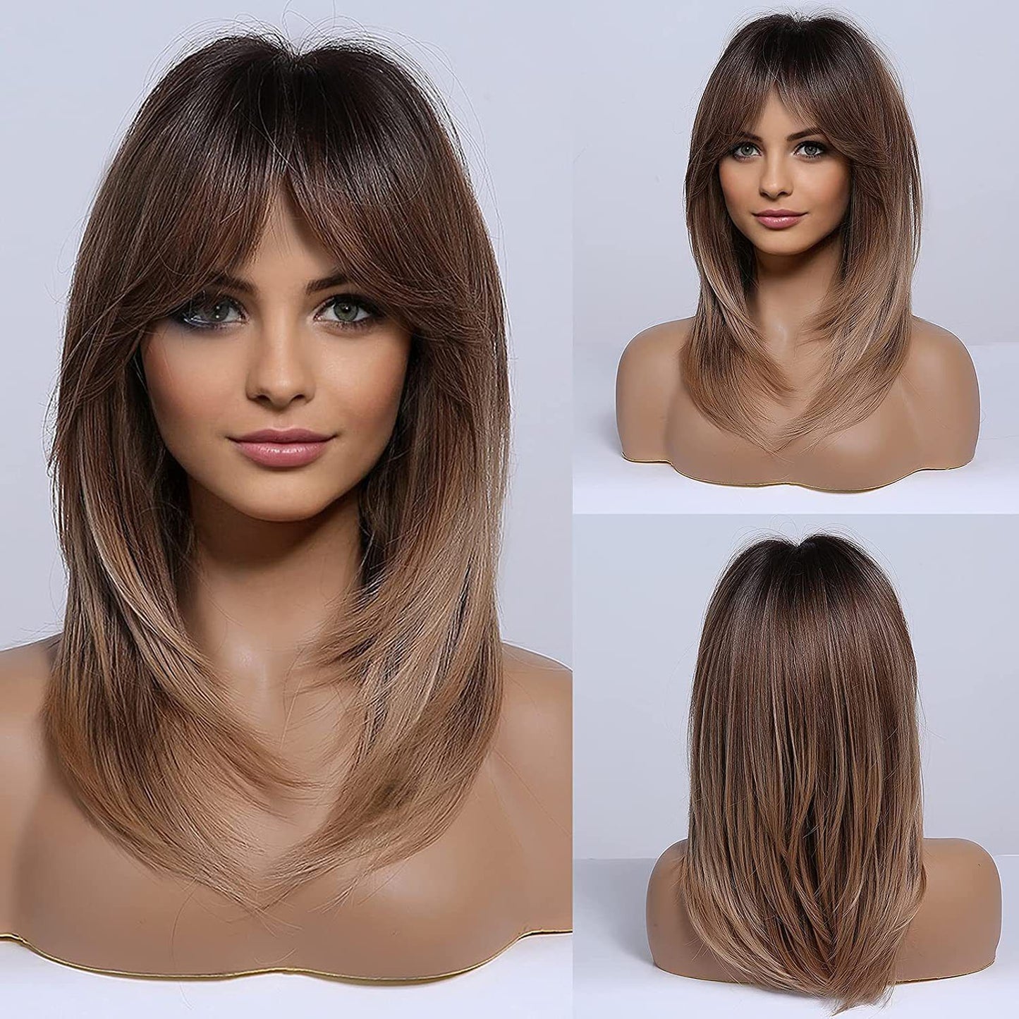 Women's Bangs White Gold Color Gradient Level Straight Wig Short Curly Hair