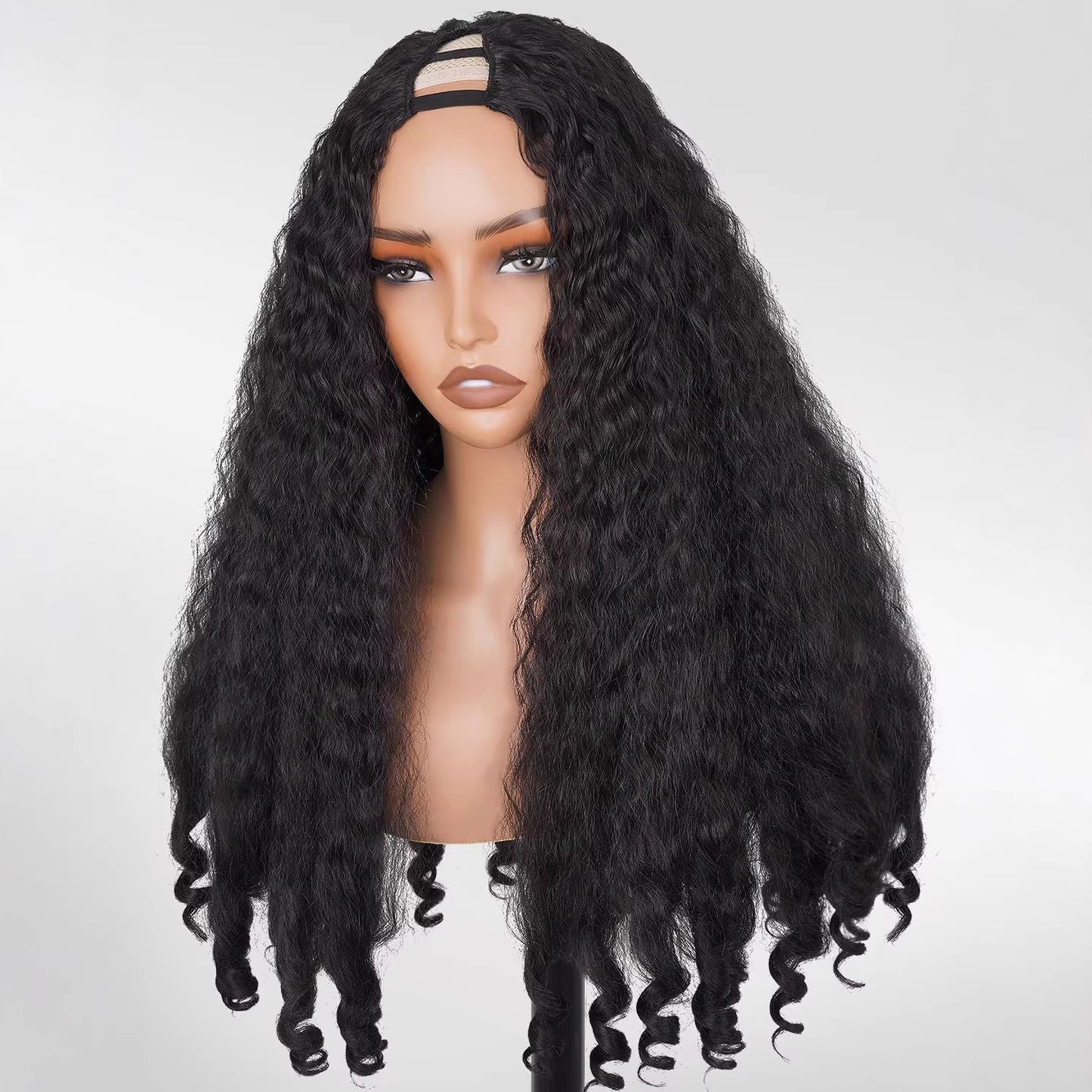 Women's African Small Curly Black Fluffy Medium Wig Long Curls