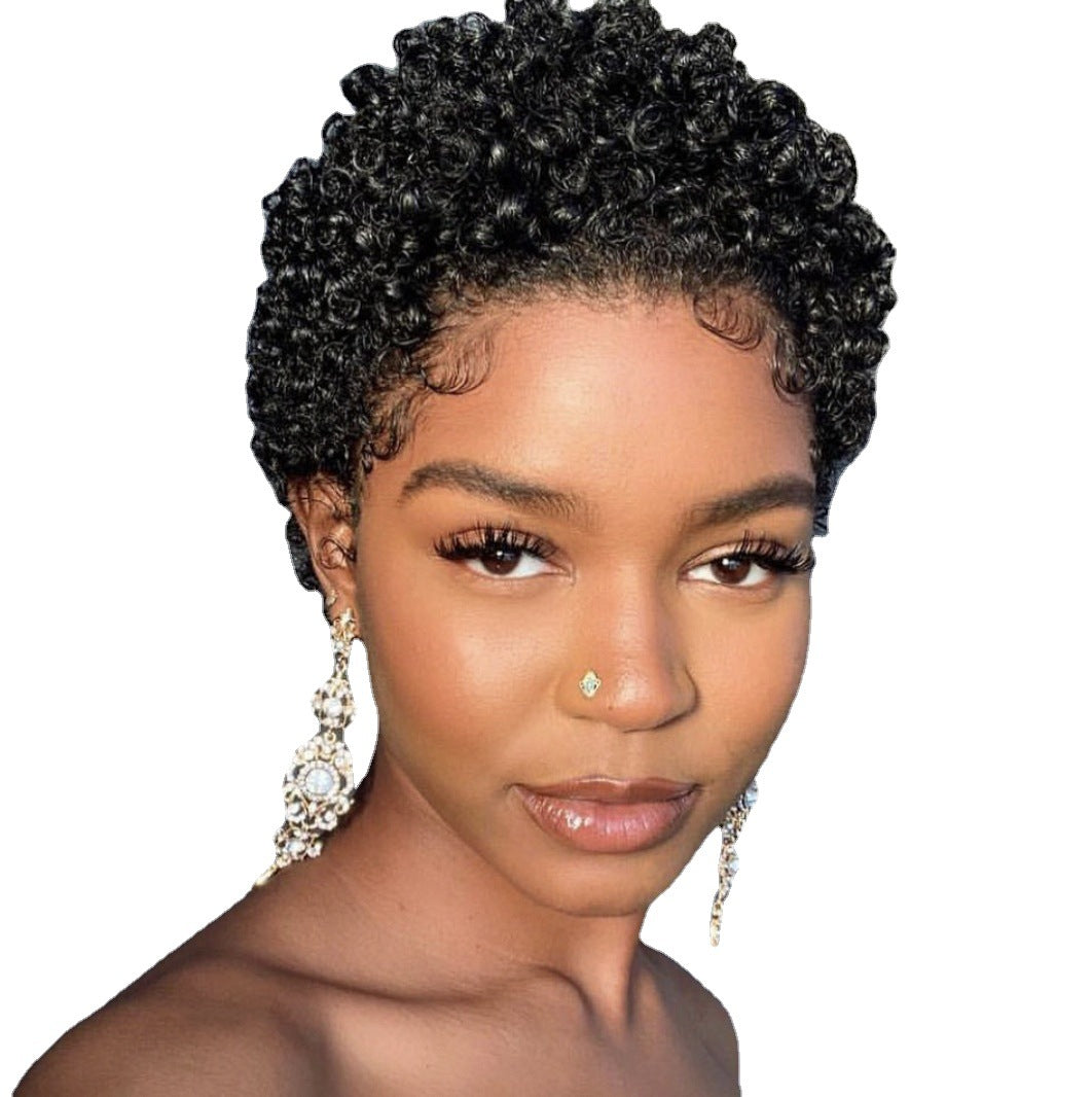 Women's Fashion Trend African Small Roll Black Rose Wig Short Curly Hair