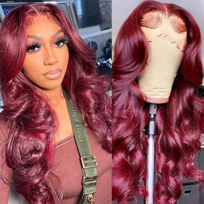 Front Lace Wine Red Curly Female Wig Long Curls