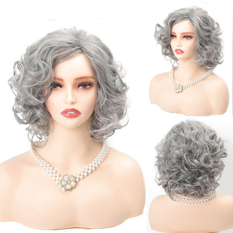 Women's Stage Performance Headgear Granny Grey Special Wig Short Curly Hair