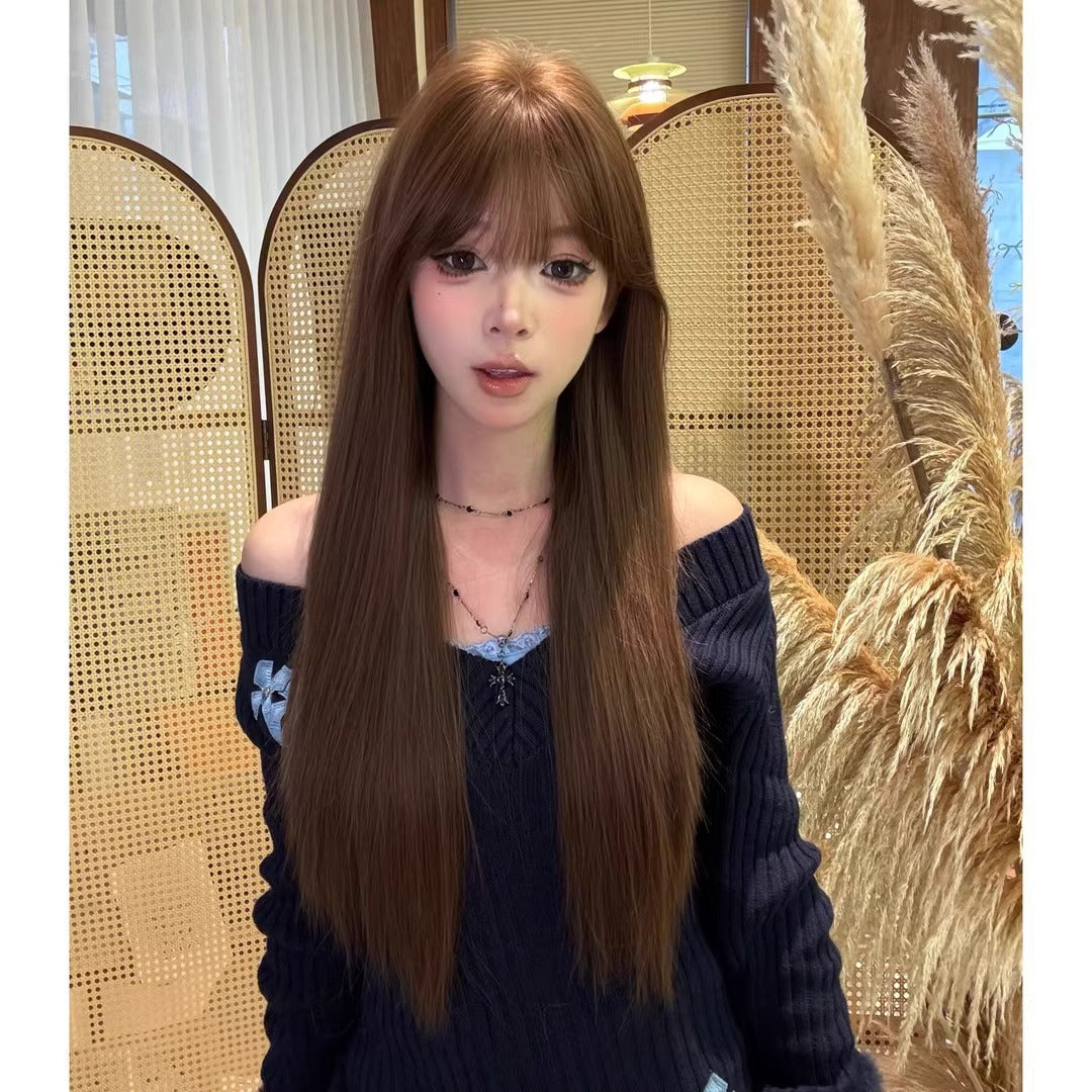 Tea Chestnut Brown Bangs Hair Female Atmosphere Long Straight Wig