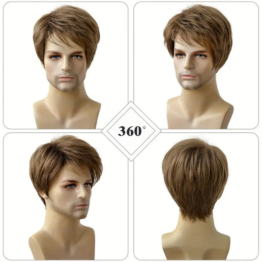 Men's Brown Partial Short Straight Hair Fiber Synthetic Men's Wig
