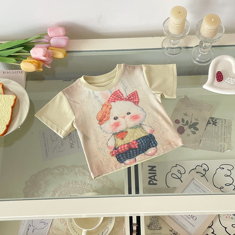 Children's Oil Painting Rabbit T-shirt Fart Curtain Children's Suit