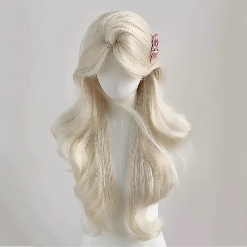 White Gold Color Female Big Wave Curly Hair Bangs Universal Wig Long Curls