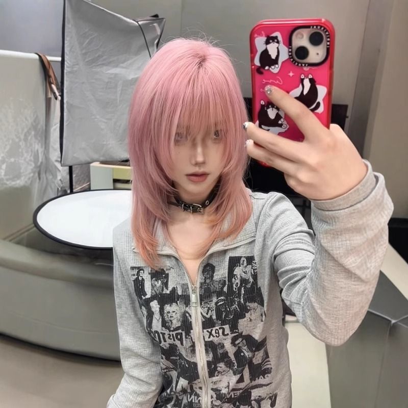 Daily Female Pink Collarbone Asian Culture Bangs Wig Short Straight Hair