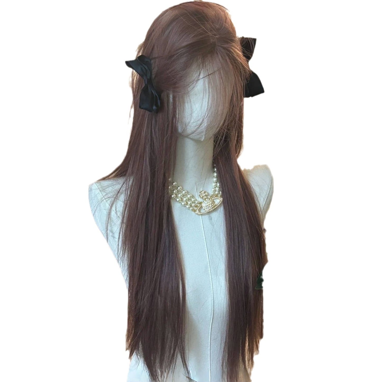 Pink Brown Western Style Bangs Hair White Girlish Small Lace Long Straight Wig