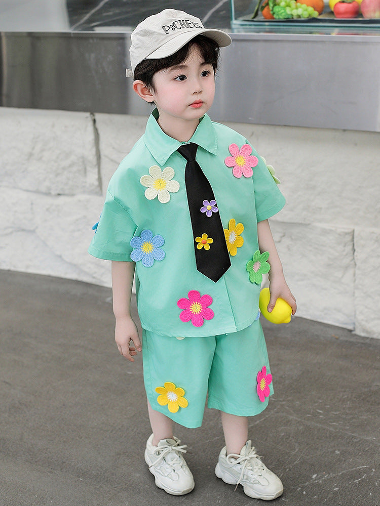 Children's Short-sleeved Tie Shirt Three-piece Kindergarten Performance Clothes Graduation Children's Suit