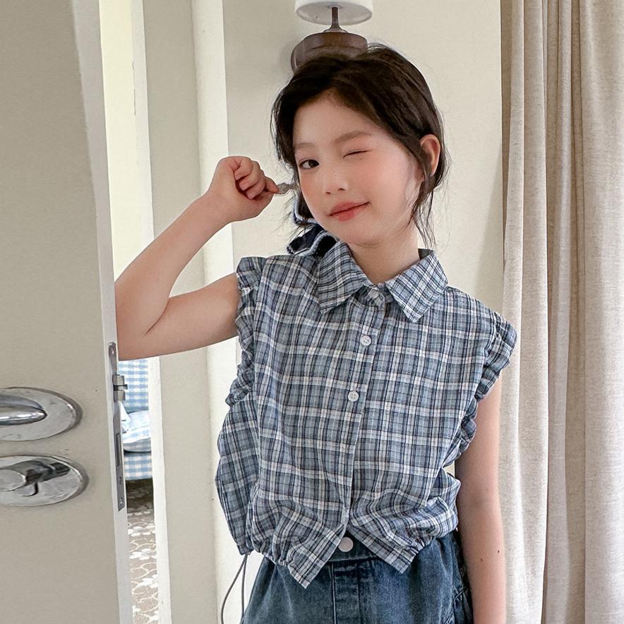 Summer Sleeveless Plaid Shirt Denim Skirt Children's Suit