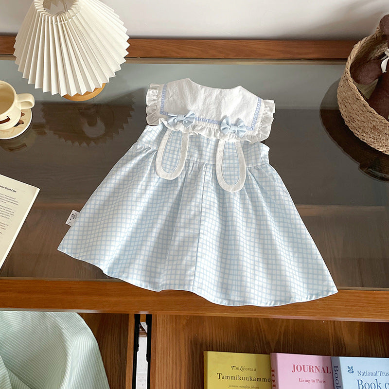 Children's Blue White Plaid Doll Collar Ruffled Children's Dress