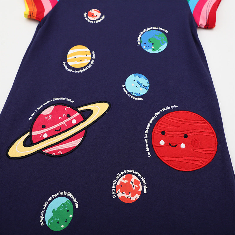 Space Planet Pattern Plaid Knitted Summer Shirt Children's Dress